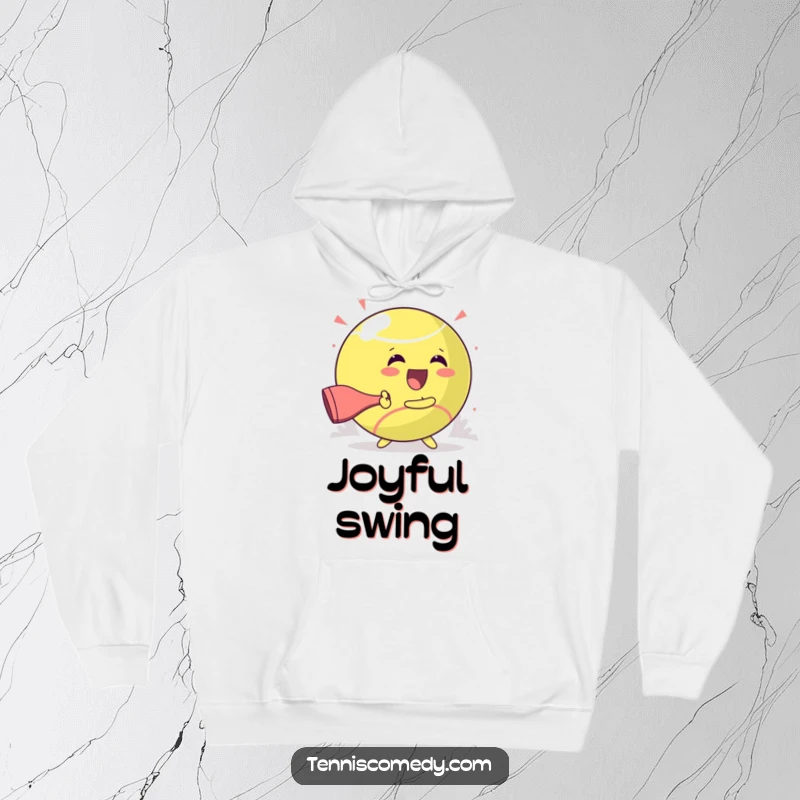 Funny hoodie depicting a kawaii character joyfully hitting a giant tennis ball, perfect for staying warm and happy.