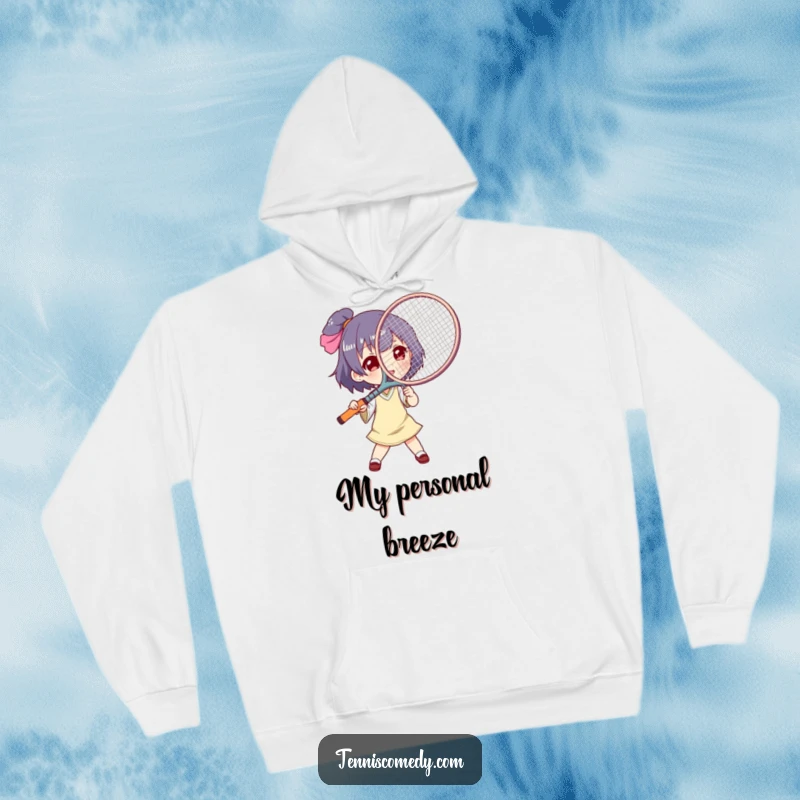 Funny tennis racket fan hoodie, soft and warm, depicting a character using a racket as a makeshift fan, comfortable and amusing.