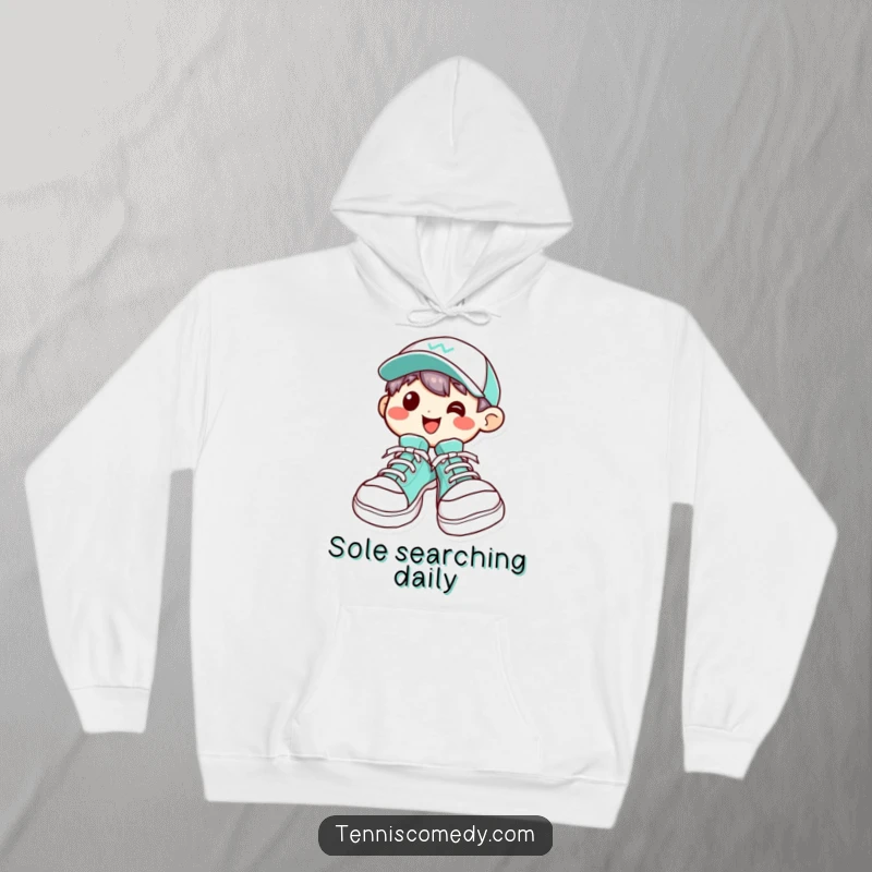 Funny Kawaii character hoodie, showcasing oversized tennis shoes and a cheerful grin, perfect for casual, humorous wear.