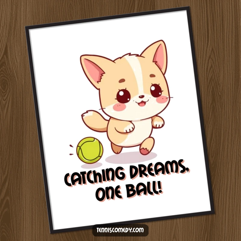 Funny Free Printable Wall Art: A cute kawaii character playfully chasing a tennis ball with joyful determination.