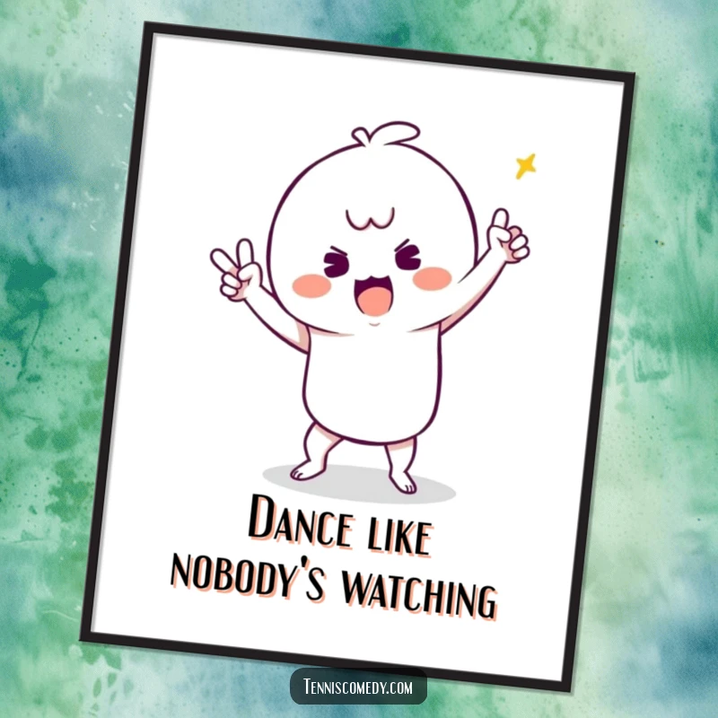 Funny Free Printable Wall Art: Kawaii tennis character performing a silly victory dance, a humorous and energetic downloadable art piece.
