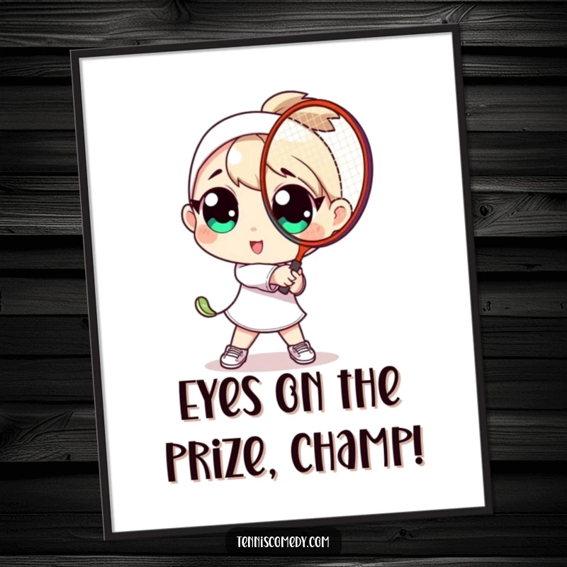 Funny Free Printable wall art of a character with oversized, expressive eyes playfully swinging a tennis racket with great enthusiasm.