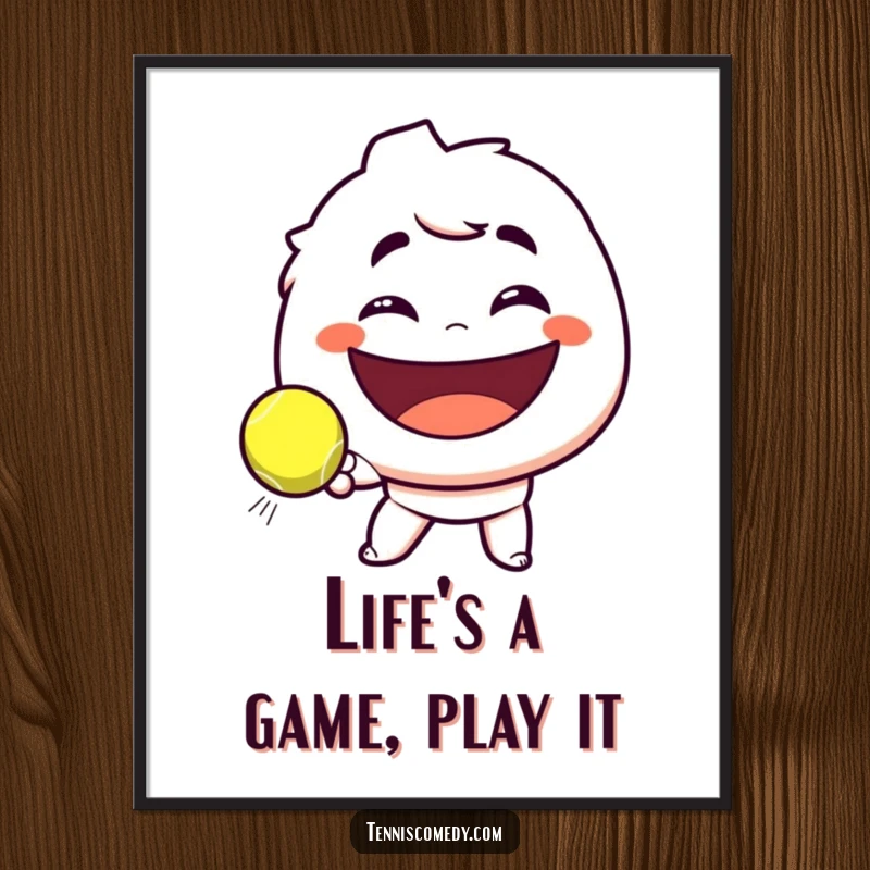 Funny Free Printable Wall Art: Smirking tennis character hitting a tennis ball towards a giant smile, full of personality.