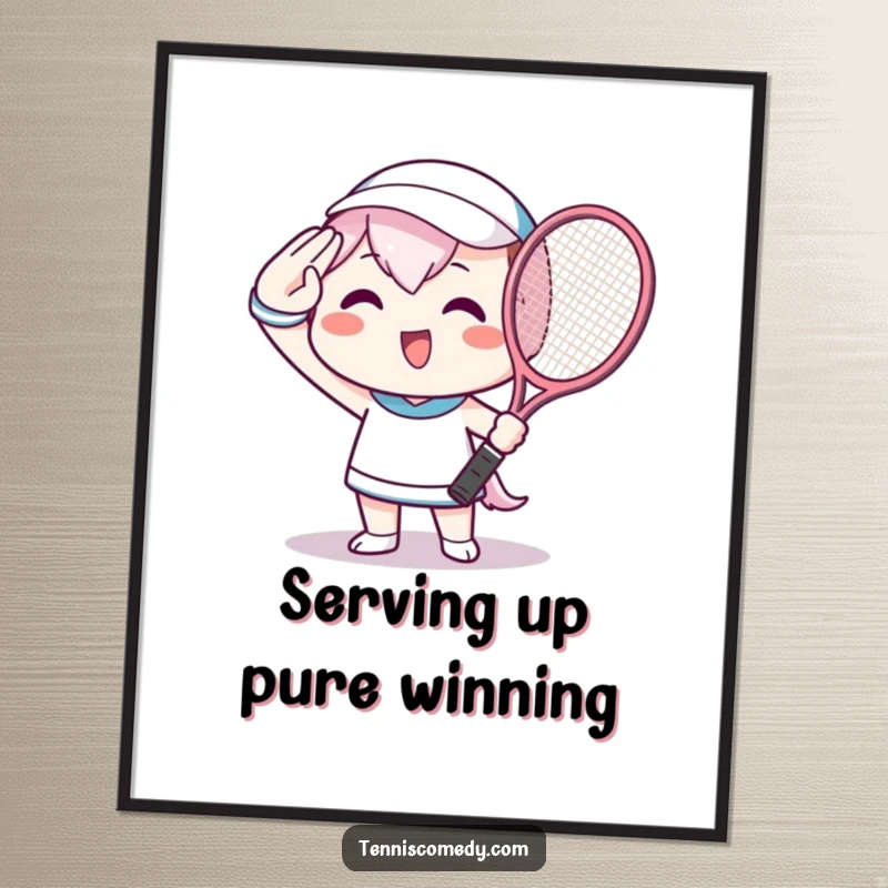Funny Free Printable Kawaii Tennis Wall Art of a beaming character saluting with a racket, celebrating the game.