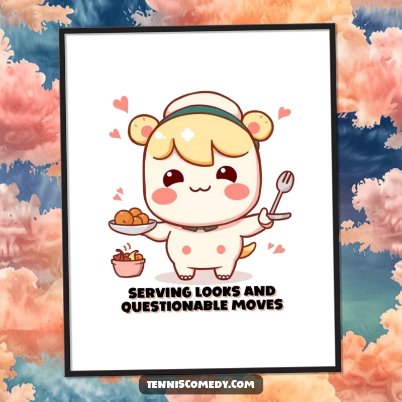 Funny Free Printable Wall Art: Kawaii character comically serving, mid-motion with a funny, wobbly trajectory.