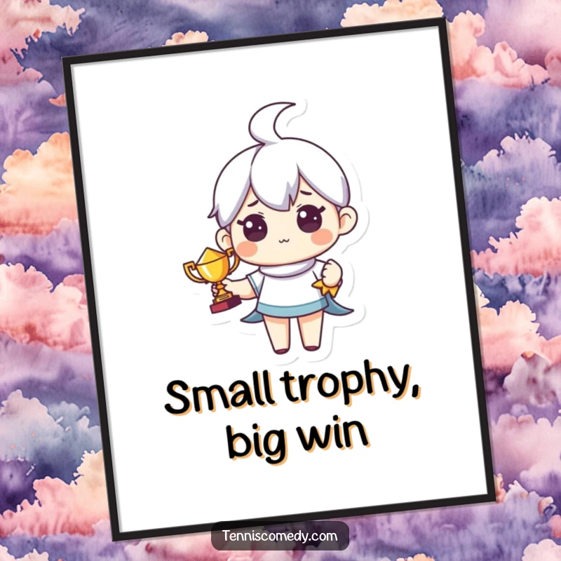 Funny Free Printable Wall Art: Cute character proudly holding a tiny trophy, celebrating achievement with humor.