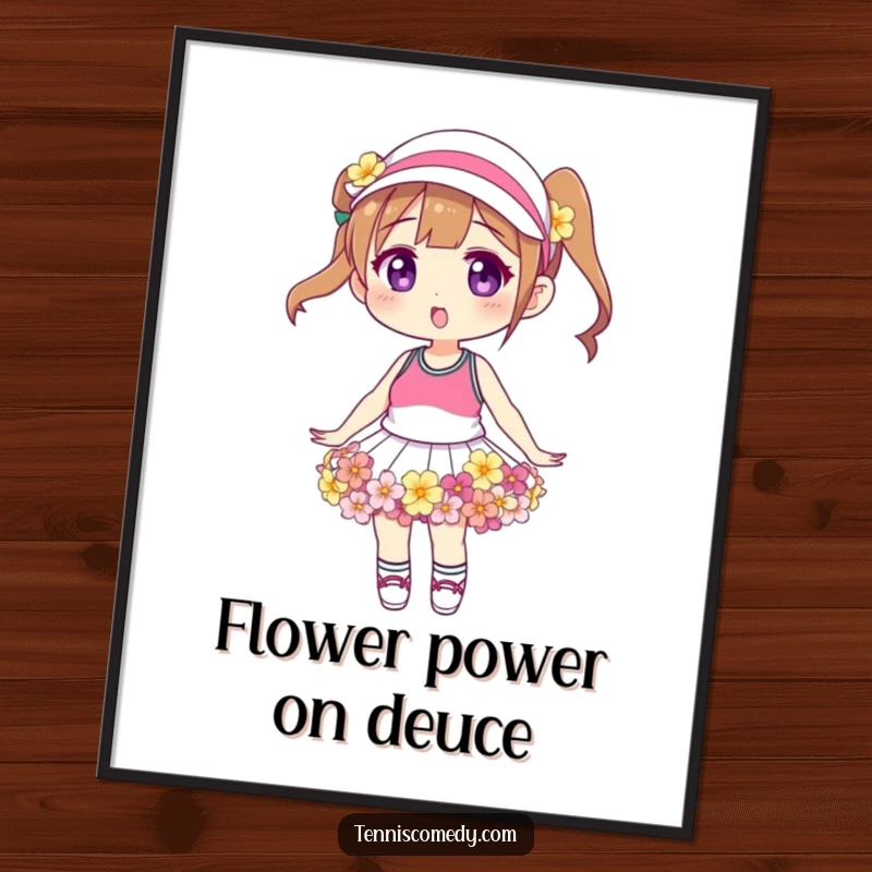 Funny Free Printable Wall Art: A fashionable character modeling a tennis skirt uniquely designed and crafted from a variety of beautiful flowers.