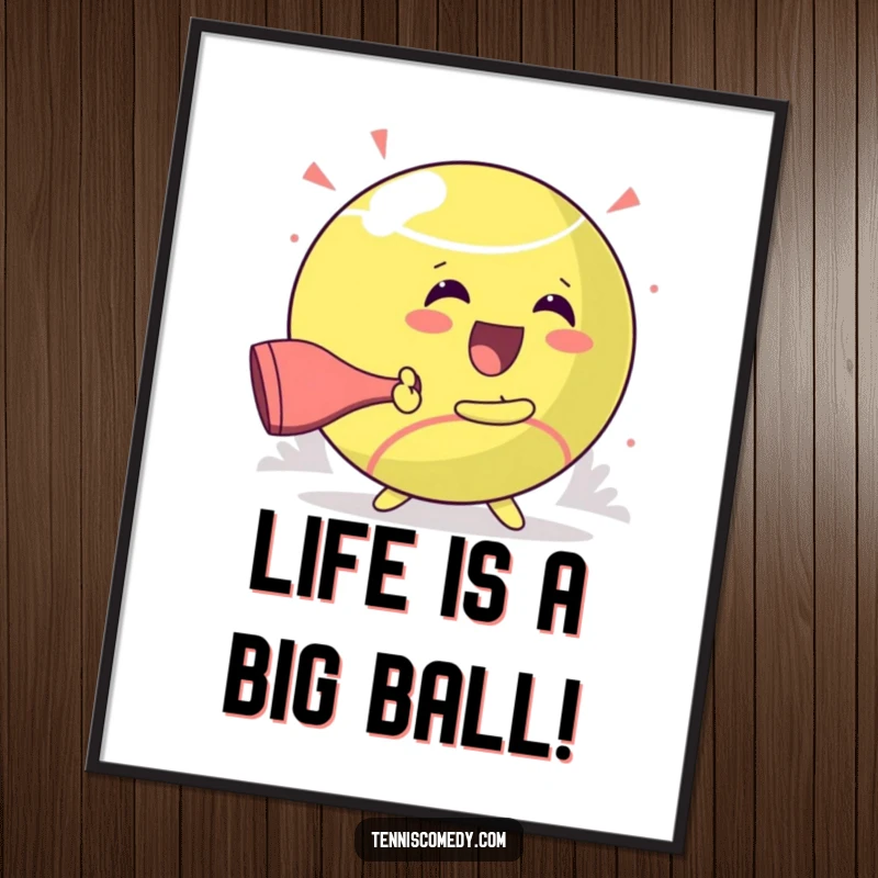 Funny Free Printable Wall Art: Kawaii tennis character joyfully smashing a giant ball, a humorous and vibrant downloadable art piece.