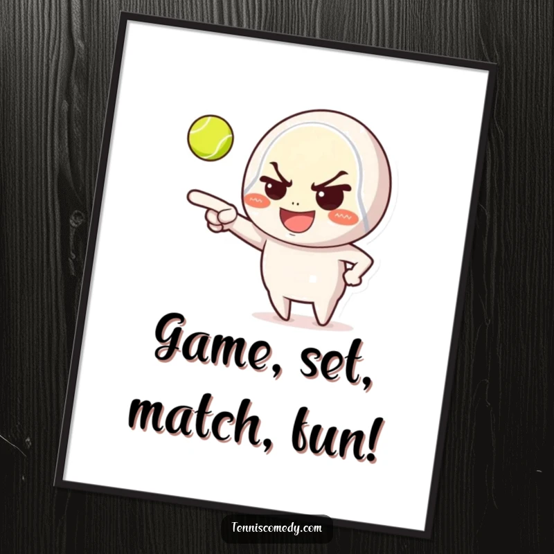 Funny Free Printable Wall Art: Mischievous tennis character grinning while pointing at a tennis ball, ready for fun.