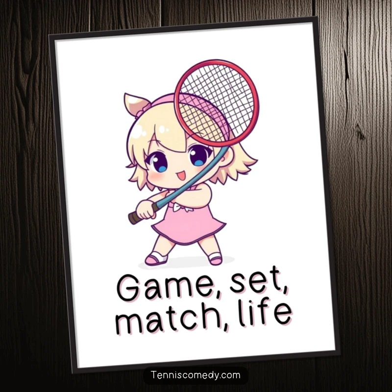 Funny Free Printable Wall Art: Cute character with a tennis racket sword, ready for playful, humorous decoration.