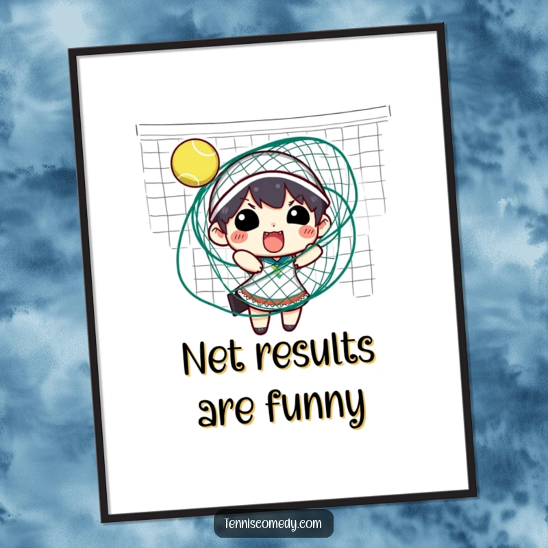 Funny Free Printable Wall Art: A character comically stuck and flailing within the confines of a tennis net, a moment of sports blooper.