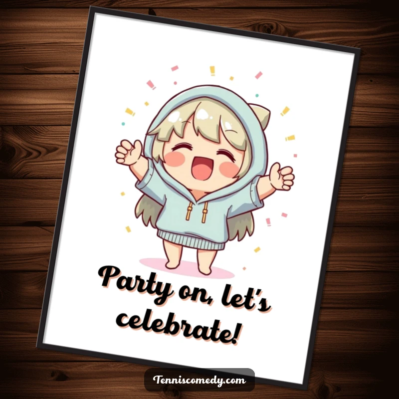 Funny Free Printable Wall Art: Character joyfully cheering with a cascade of tiny confetti falling around them.