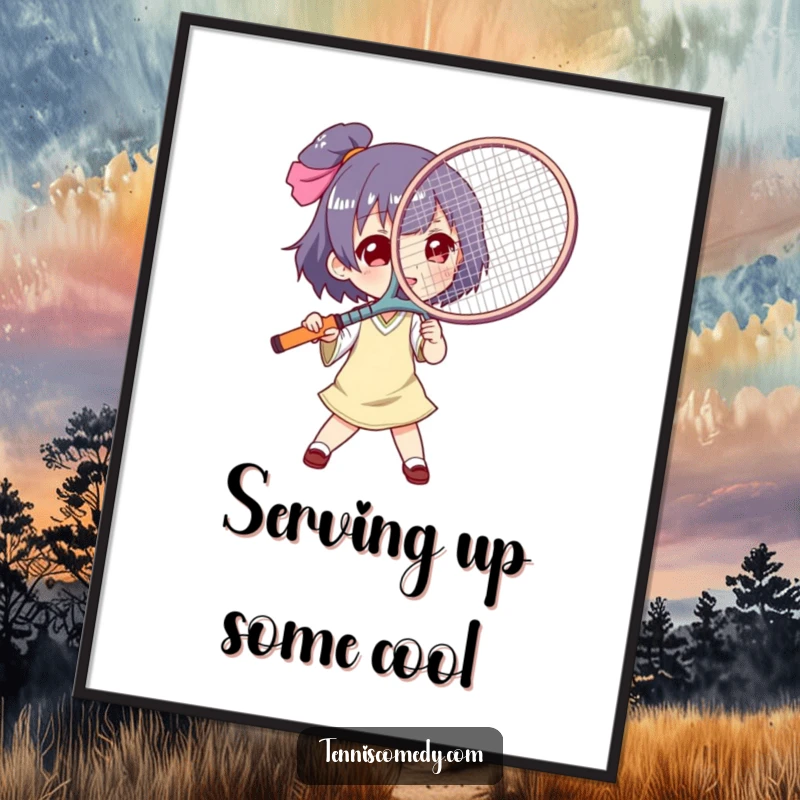 Funny Free Printable Wall Art: A character comically uses a large tennis racket as a makeshift fan, providing a cool breeze.