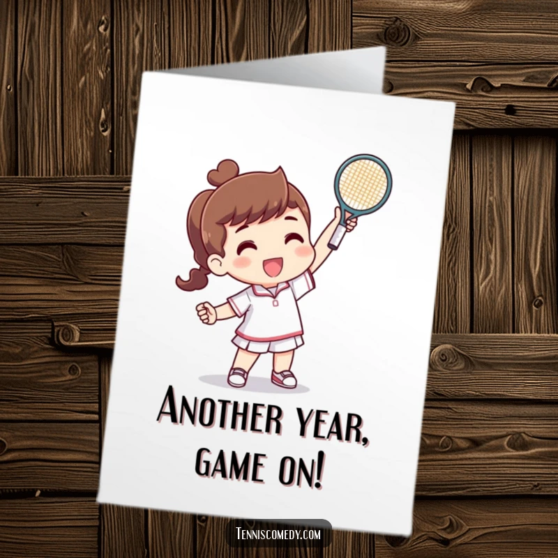 Funny Free Printable Birthday Card: Tennis character triumphantly raising a tiny racquet after winning a point.