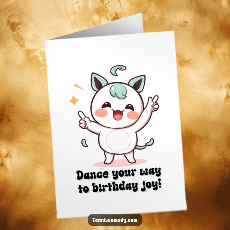 Funny Free Printable Birthday Card: Kawaii character comically celebrating a point with a hilarious, silly dance.