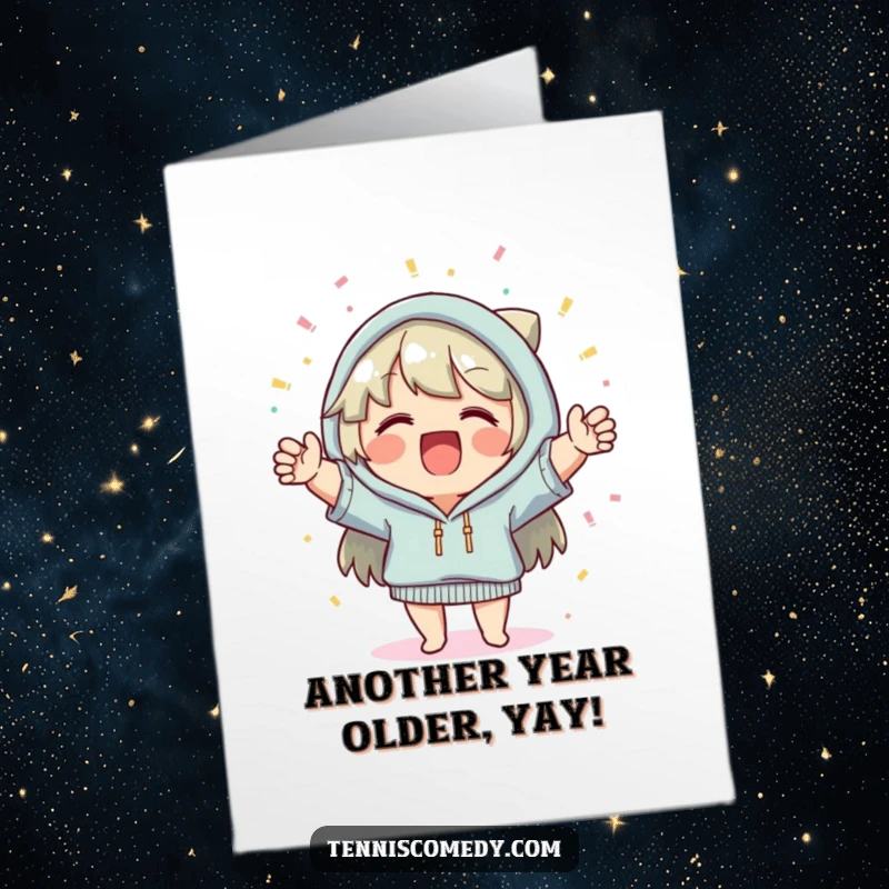 Funny Free Printable Birthday Card: Character cheering joyfully with tiny confetti falling, spreading celebratory vibes.