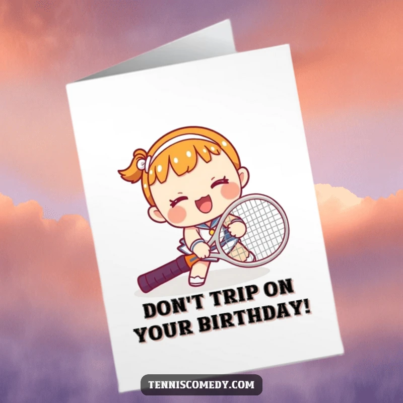 Funny Free Printable Birthday Card: Kawaii character comically tripping over a tennis racket with a surprised expression.