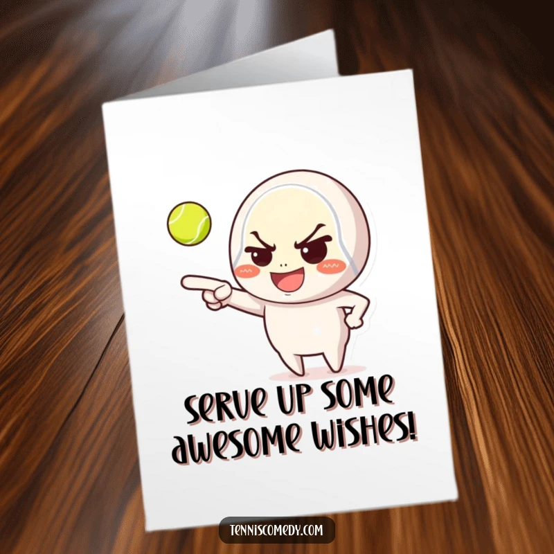Funny Free Printable Birthday Card: Mischievous tennis character pointing at a ball, ready for a playful prank.