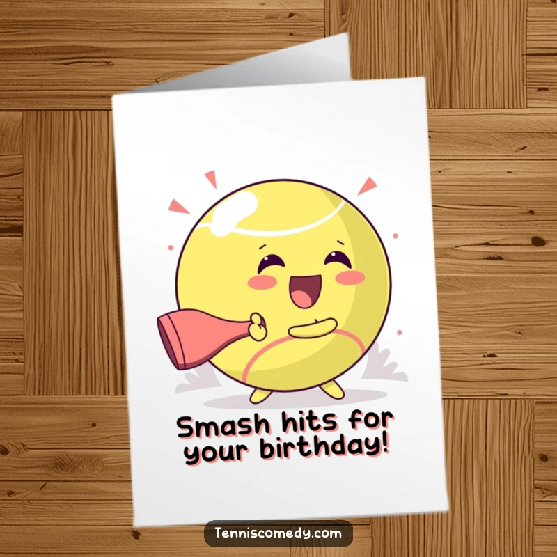 Funny Free Printable Birthday Card: Kawaii tennis character joyfully smashing a giant ball, perfect for a hilarious DIY greeting.