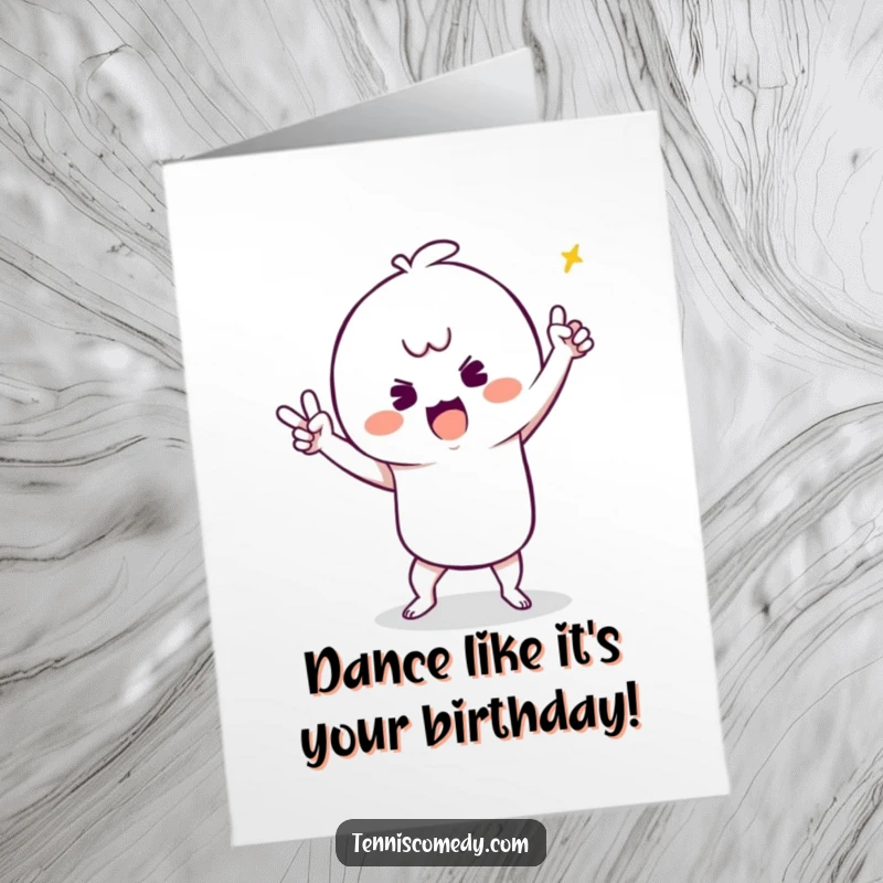 Funny Free Printable Birthday Card: Kawaii tennis character doing a silly victory dance, celebrating enthusiastically for a humorous DIY greeting.