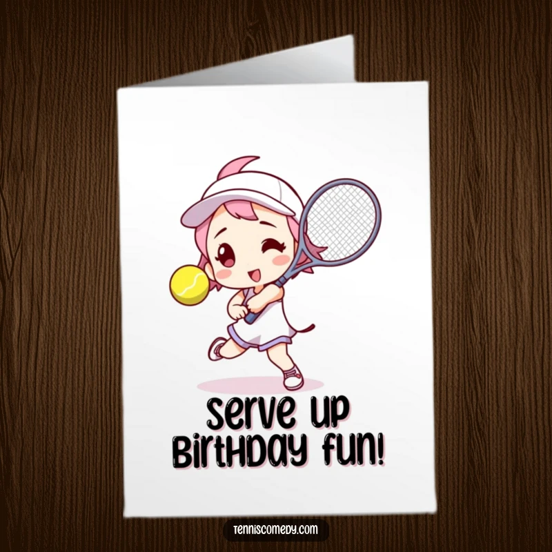 Funny Free Printable Birthday Card: Tennis player in dynamic pose, racket ready to smash a ball, a birthday slam dunk.