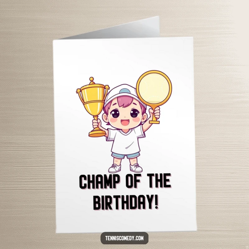 Funny Free Printable Birthday Card: A character beams with pride, triumphantly holding a comically oversized tennis trophy above their head.