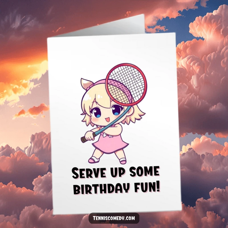 Funny Free Printable Birthday Card: Cute character wields tennis racket like a sword, ready for playful birthday battles.