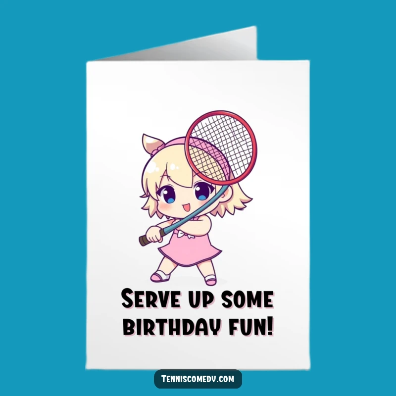 Free Printable Funny Birthday Card: Playful Tennis Character Sword Greeting Downloadable Gift