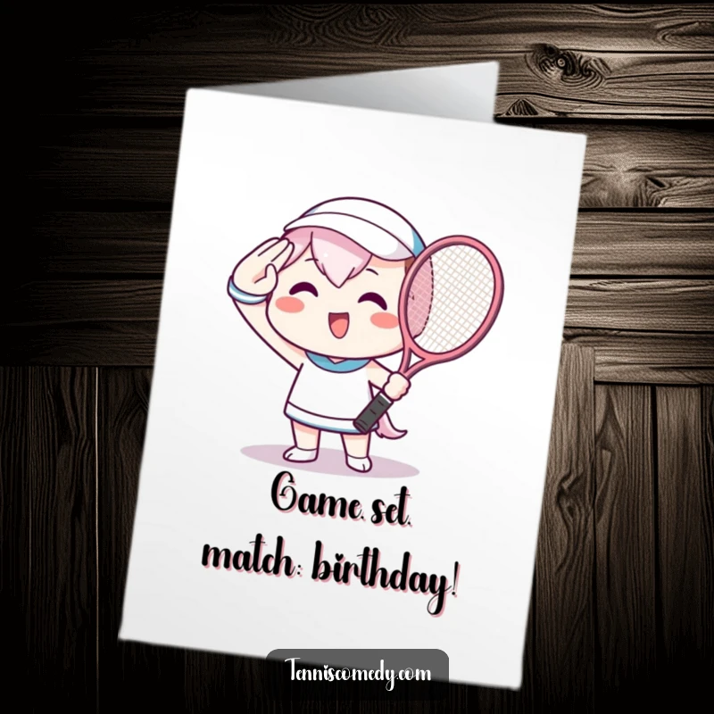 Funny Free Printable Kawaii Tennis Birthday Card featuring a beaming character saluting with a racket, ready to celebrate.
