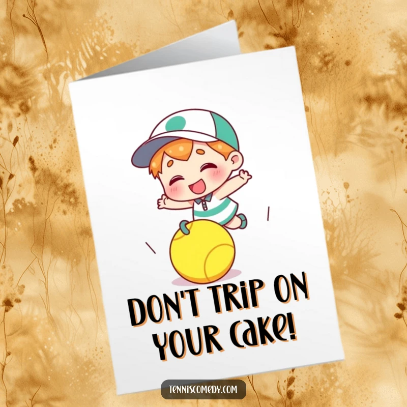 Funny Free Printable Birthday Card: A character hilariously tripping over a tennis ball, with a giggle, perfect for a lighthearted birthday.