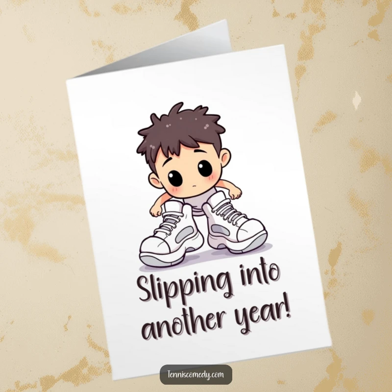Funny Free Printable Birthday Card: Character wearing oversized tennis shoes, comically stumbling on a tennis court.