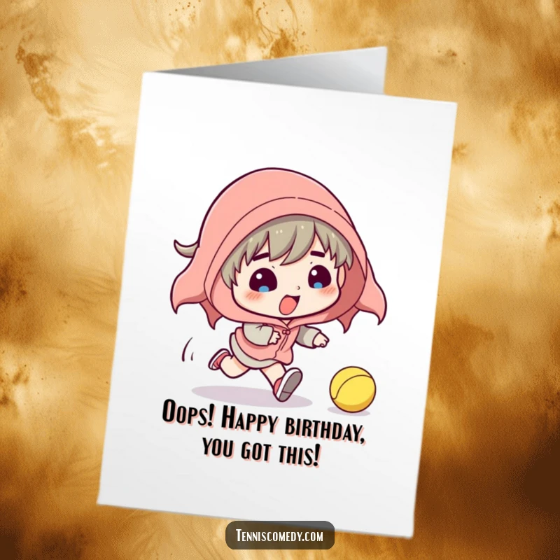 Funny Free Printable Birthday Card: Clumsy Tennis Character Tripping After a Wild Tennis Ball - Perfect DIY Laugh.