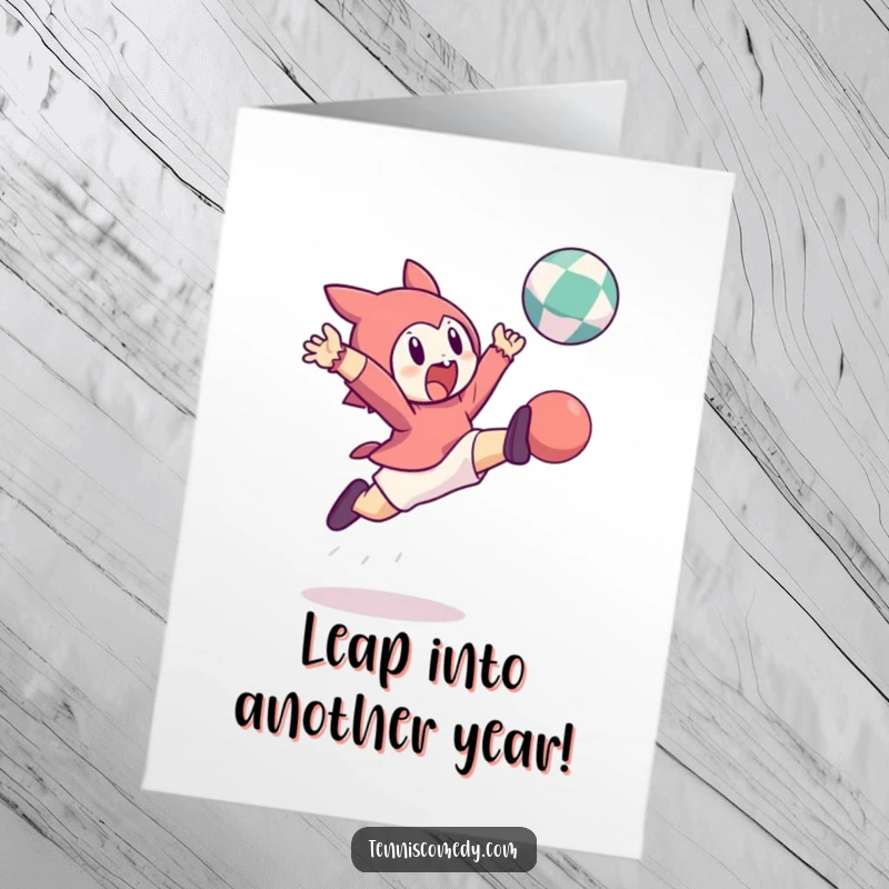 Funny Free Printable birthday card: a character leaps high in the air with excitement to hit a bouncing ball.
