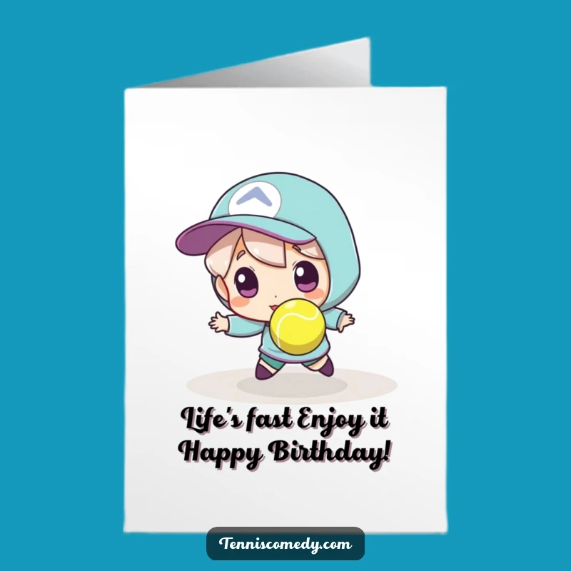 Free Printable Birthday Card: Funny Tennis Player Chasing Ball Downloadable Gift