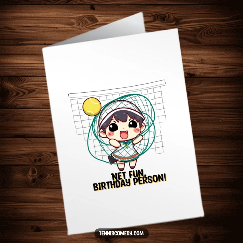 Funny Free Printable Birthday Card: A cartoon character is comically and hopelessly tangled in the strings of a tennis net.