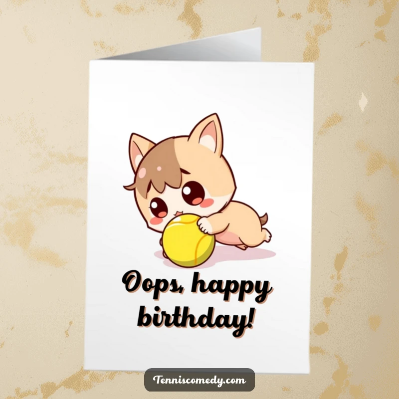 Funny Free Printable Birthday Card: Kawaii tennis character tripping over a ball, looking surprised, a hilarious DIY greeting for birthdays.