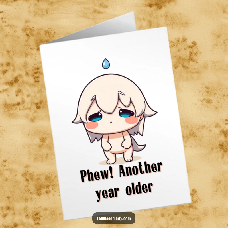 Funny Free Printable Birthday Card: Character sweats profusely, a giant drop flying from brow, barely surviving the 'fun'.