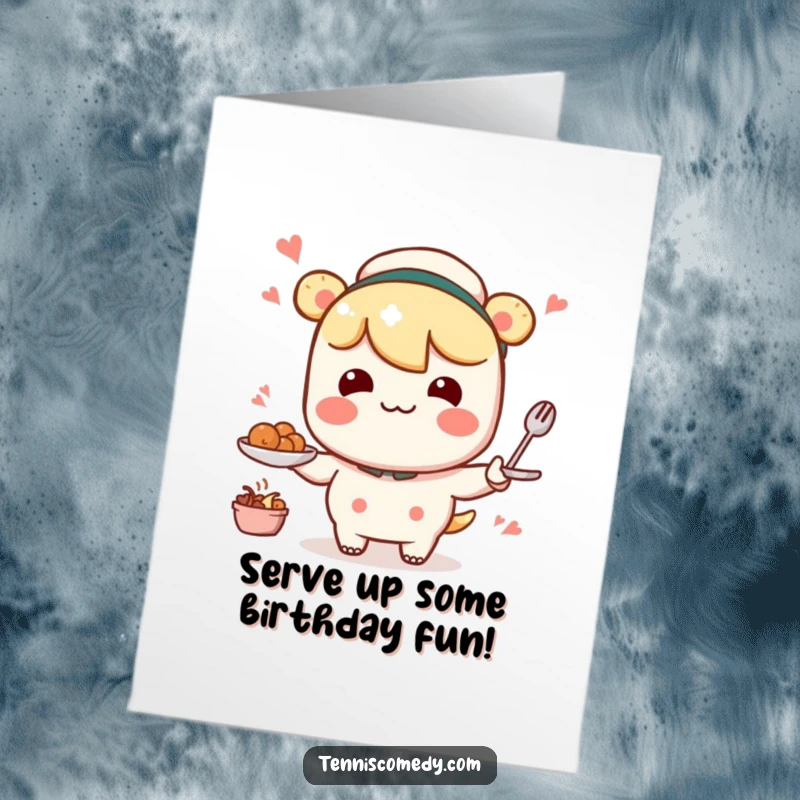 Funny Free Printable Birthday Card: Kawaii character comically serving with a noticeable wobbly motion, mid-action.