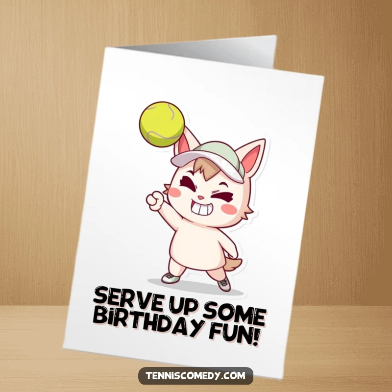 Funny Free Printable Birthday Card: Tennis Character with Grin Serving Ball with Power - Energetic Celebration Art.