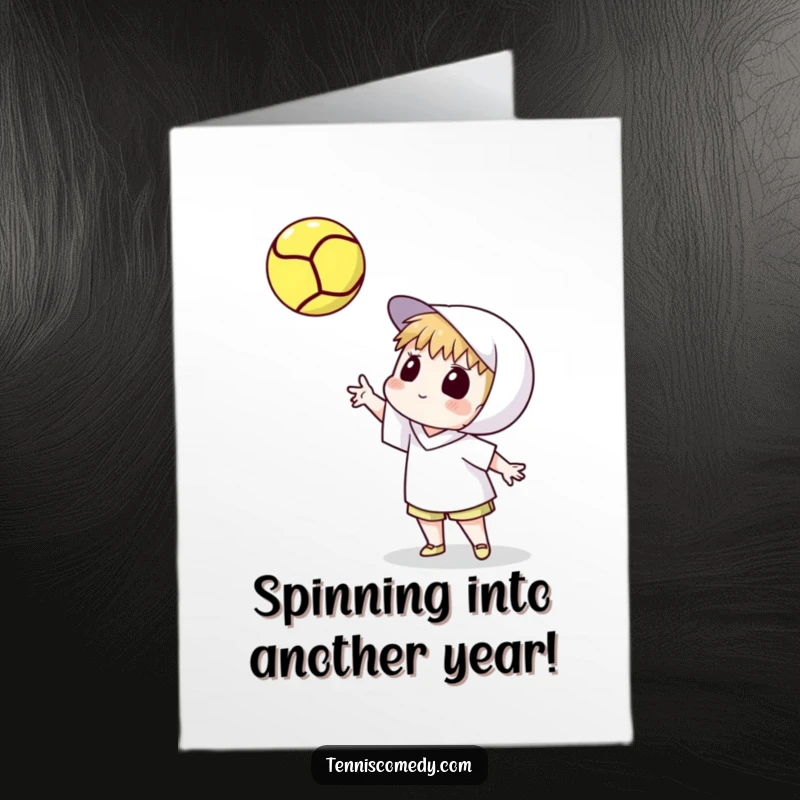 Funny Free Printable Birthday Card: Tennis Character Watching a High Spinning Tennis Ball - Joyful Anticipation Art.