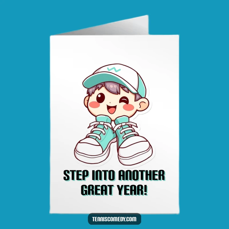 Free Printable Kawaii Tennis Shoe Birthday Card: Funny Character Downloadable Gift