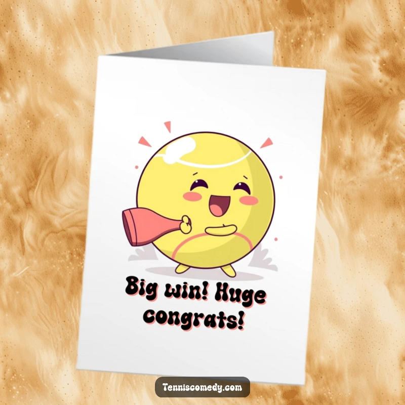 Funny Free Printable Congrats Card: Kawaii tennis character hitting a giant ball with pure glee, a humorous DIY greeting for winners.