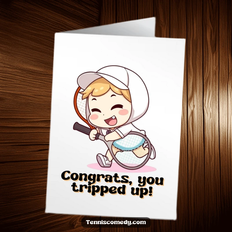 Funny Free Printable Congratulations Card: Character tripping over a tennis racket with a goofy smile, celebrating your stumble to victory.