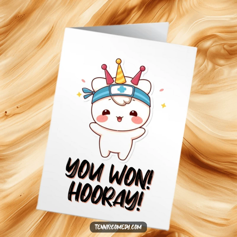 Funny Free Printable Congrats Card: Kawaii tennis character in a sweatband, celebrating a victory with pure joy, a humorous DIY greeting.