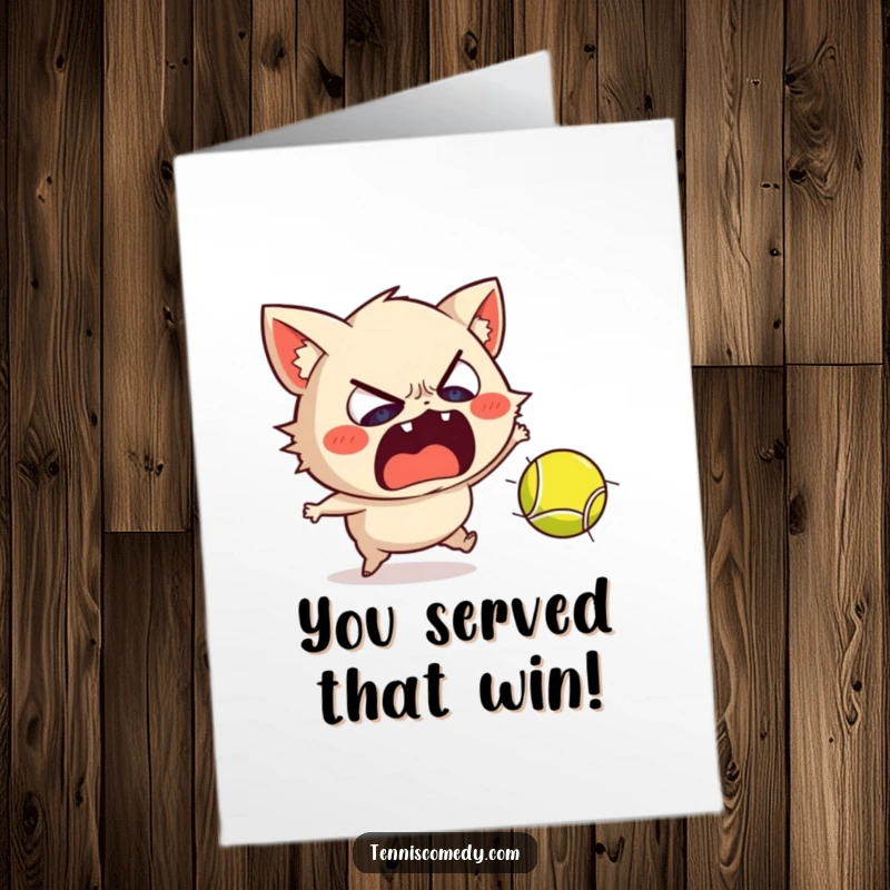 Funny Free Printable Congratulations Card: Character recoiling dramatically from a fast-moving tennis ball, celebrating success.