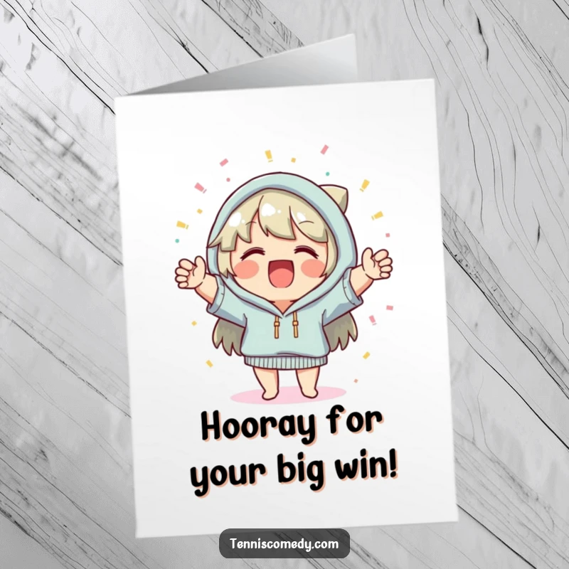 Funny Free Printable Congratulations Card: Enthusiastic character cheering wildly as confetti rains down, celebrating success.