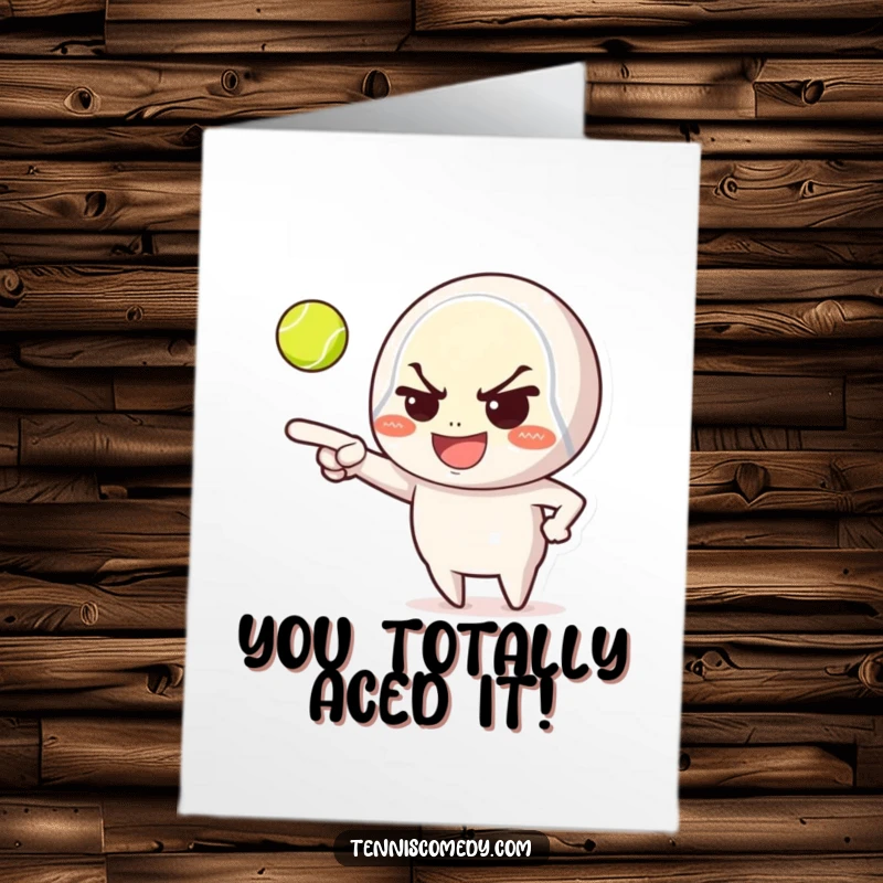 Funny Free Printable Congratulations Card: Mischievous tennis character points at a ball, celebrating a victory with a grin.