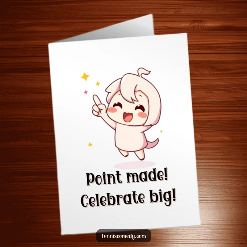 Funny Free Printable Congratulations Card: A cute character performing a spirited happy dance after a successful point, radiating elation.