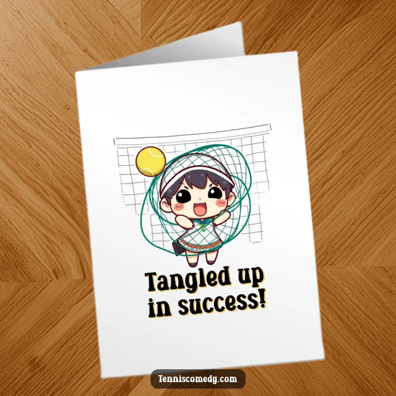 Funny Free Printable Congratulations Card: A character comically ensnared and struggling within the mesh of a tennis net during a match.