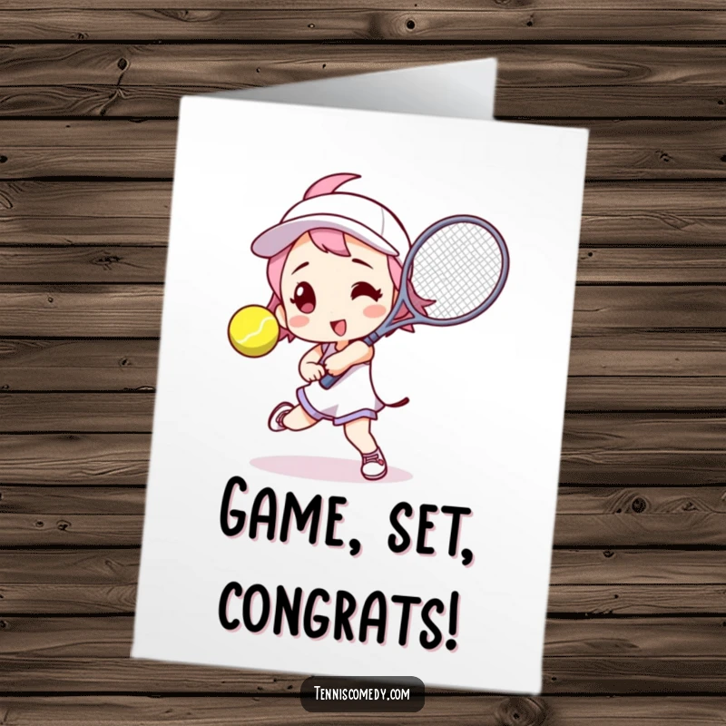 Funny Free Printable Congratulations Card: Tennis player poised to hit a tennis ball, celebrating your grand slam win.